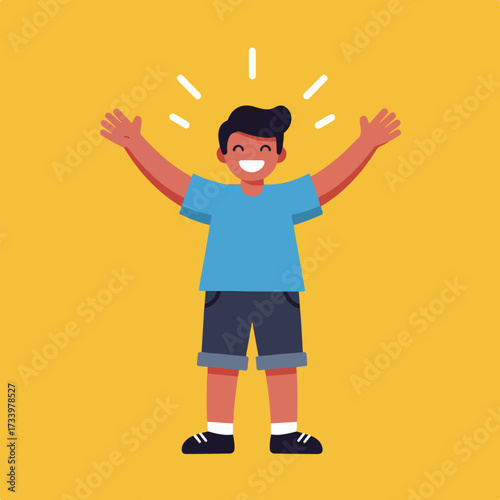 Joyful cartoon character with arms raised and radiating happiness