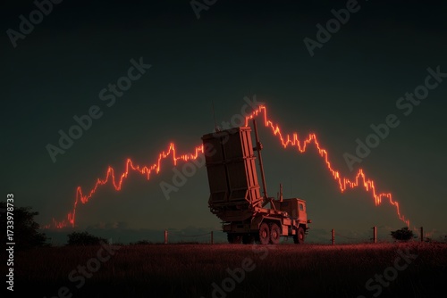 War missile.Military missile truck positioned against a dramatic backdrop, with an economic crisis graph overlay, symbolizing tension and uncertainty in modern warfare and global finance