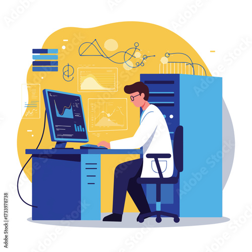 Scientist in lab coat works on computer with charts, graphs, and data visualization