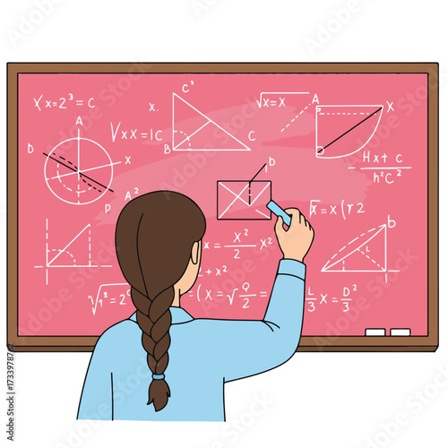 Student writes complex mathematical formulas and geometric shapes on a pink blackboard with chalk