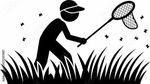 Joyful child enthusiastically chasing butterflies with a net through tall grass on a sunny day, capturing childhood wonder