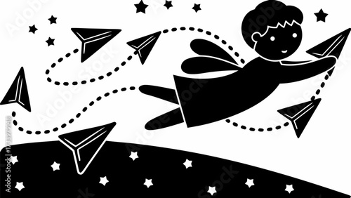 Whimsical child with wings dreams of adventure, soaring through the night sky with paper airplanes and guiding stars on a magical journey.