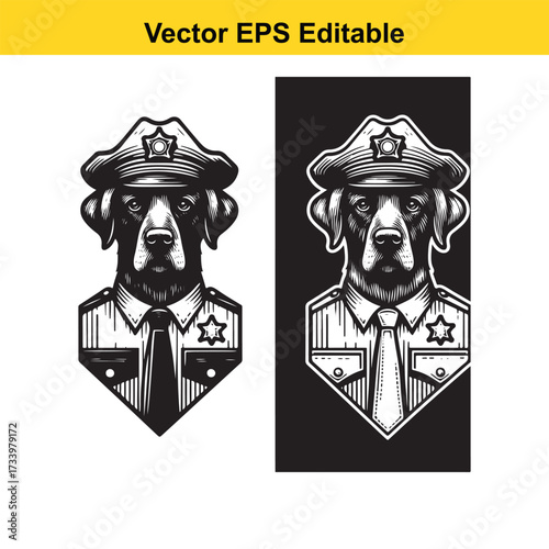 Dog police officer wearing uniform and tie, vector illustration