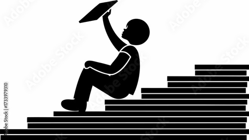 Child with tablet enjoys learning and playing on stairs, symbolizing childhood education and digital exploration