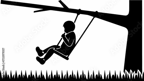 Joyful child swinging on a tree swing, capturing carefree childhood moments and outdoor play in a simple, graphic style.