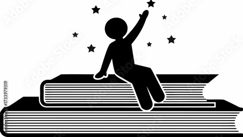 Person reaching for stars while seated on stack of books, symbolizing knowledge, aspiration, and learning achievements.