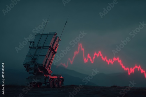War missile system positioned on rugged terrain, illuminated by red light, symbolizing economic crisis and conflict, showcasing advanced military technology and its implications