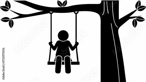 Joyful child swinging under a leafy tree, capturing moments of childhood innocence and playful freedom in a simple, iconic silhouette