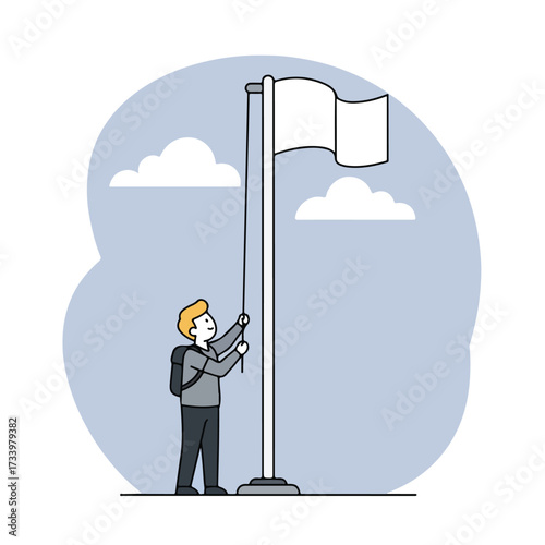 Person on a cloudy day is pulling a rope on a flagpole with a white flag