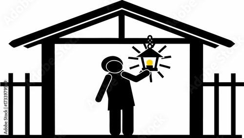Person holding illuminated lantern inside simple shelter, representing guidance, discovery, or hope in a minimalist style.