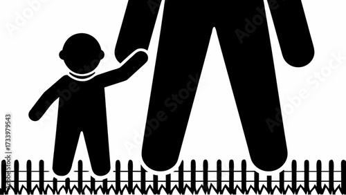 Child holding adult's hand, symbolizing protection guidance and growing up with a fence representing boundaries and safety