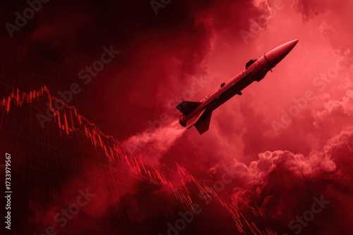 War missile soaring through ominous red clouds, with economic crisis graph overlay, symbolizing conflict and financial turmoil in a dramatic visual representation