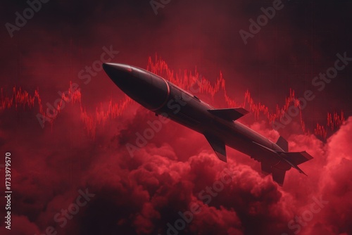 War missile soaring through ominous red clouds, symbolizing the impact of economic crisis and conflict on global stability and security, evoking tension and urgency
