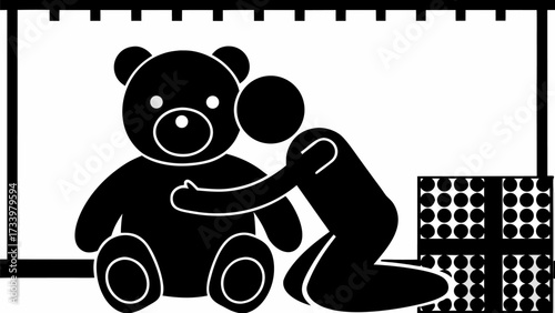Child tenderly hugging beloved teddy bear, surrounded by festive gift boxes, embodying pure joy and innocent childhood wonder