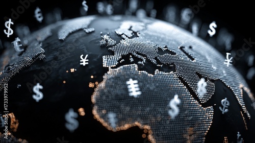Dynamic 3D globe with scattered currency symbols represents global finance, international trade, and the interconnected digital economy powering worldwide markets.