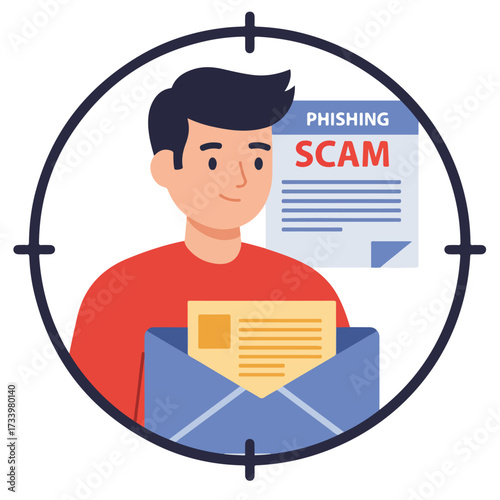 Man in crosshairs holding an envelope with scam document