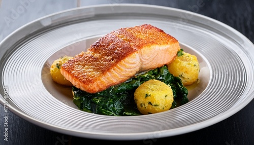 Seared Salmon Fillet Served With Wilted Spinach And Potato Croquette