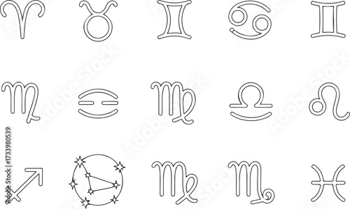 Simple line art zodiac signs representing astrology symbols and celestial elements