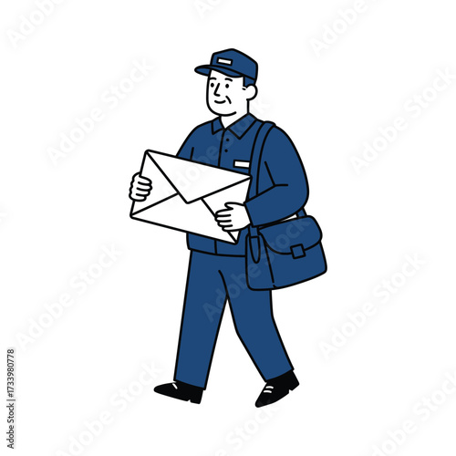 Friendly postman carrying a large envelope and mailbag vector illustration in a simple line art style isolated on white background