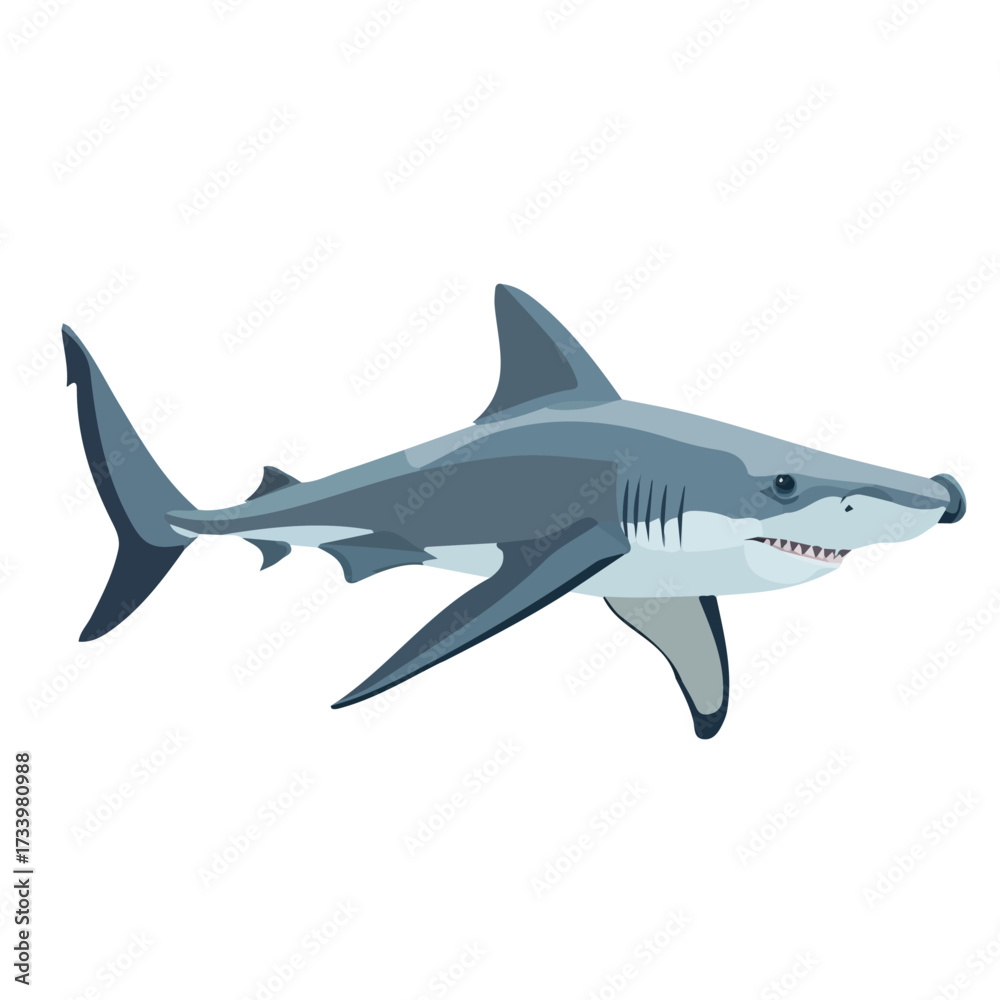 Fototapeta premium 2D flat vector illustration of a Hammerhead Shark in icon style, isolated on white background