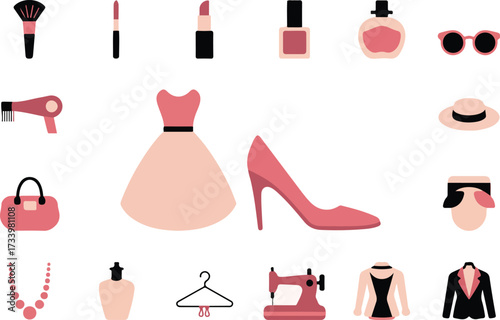 Vector illustration of feminine fashion and beauty accessories and cosmetics on white background