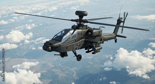 A high-resolution, ultra photo-realistic illustration of an AH-64 Apache attack helicopter flying through the sky, viewed from above. The helicopter shows detailed rotor blades, missile pods, and rugg