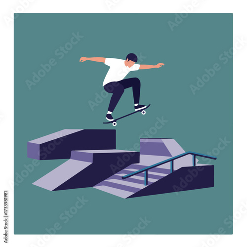 A skateboarder in mid-air performs a trick over ramps and rails in a park