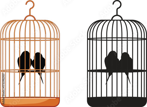 Bird cage icon.Set of closed empty bird cage silhouette icon vector illustration design.Metal animal transport hanging prison cages. Depicted without birds symbol of freedom and space.