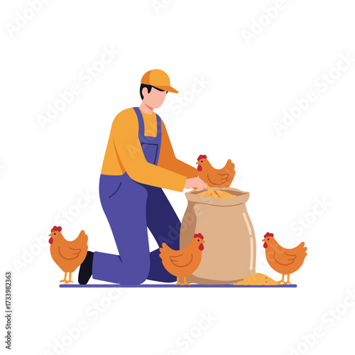 Farmer feeding chickens from a large sack of grain on a white background