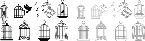Bird cage icon.Set of closed empty bird cage silhouette icon vector illustration design.Metal animal transport hanging prison cages. Depicted without birds symbol of freedom and space.