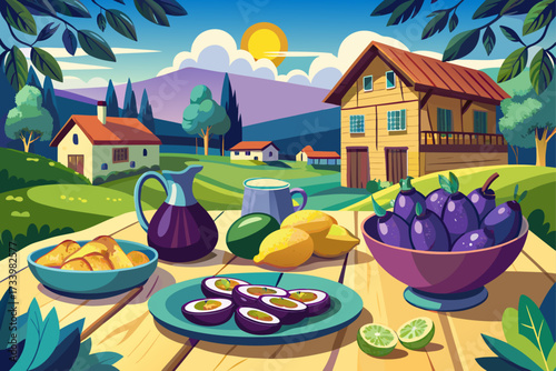 vector of Southern village, where a dish full of black purple eggplant and sour lemon and a dish full of Mahoh which has a delicious taste and warm bread are placed on a wooden table for reception.