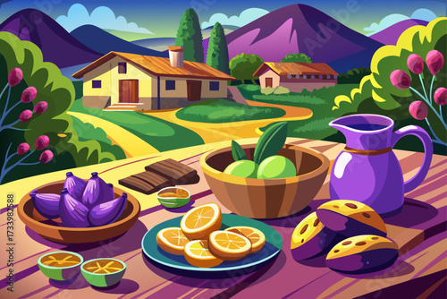 vector of Southern village, where a dish full of black purple eggplant and sour lemon and a dish full of Mahoh which has a delicious taste and warm bread are placed on a wooden table for reception.