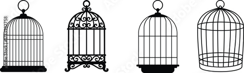 Bird cage icon.Set of closed empty bird cage silhouette icon vector illustration design.Metal animal transport hanging prison cages. Depicted without birds symbol of freedom and space.