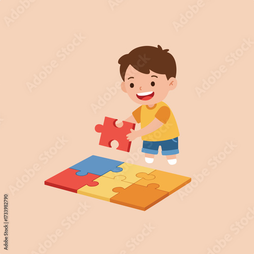 A joyful child places a puzzle piece on a partially completed jigsaw
