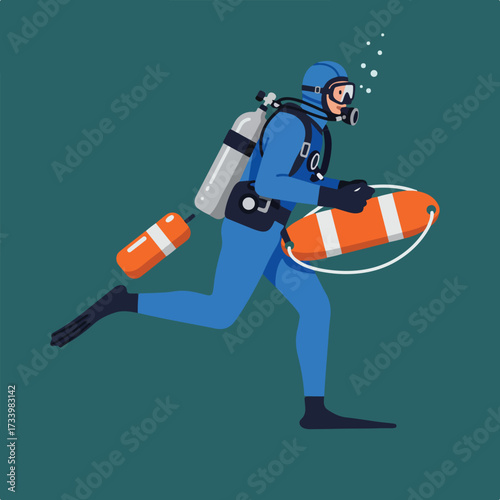Diver in blue suit runs with rescue buoy and extra air tank