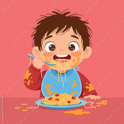 Messy child enjoying a plate of spaghetti and sauce