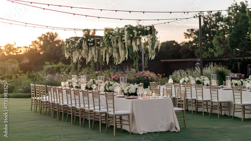 Outdoor garden wedding reception with long banquet tables, white linens, gold chiavari chairs, hanging floral arrangements, string lights, golden hour sunset, romantic luxury event, professional event
