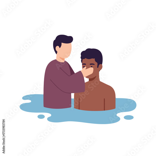 A person baptizes another in a pool of water