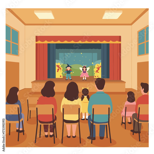 Children perform a play on stage as an audience watches from chairs