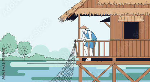Asian fisherman checking his fishing net from his stilt house illustration vector