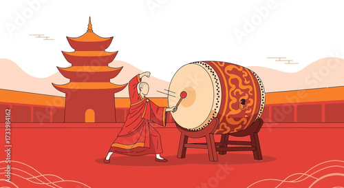Asian monk in traditional red robe striking a large temple drum in a pagoda setting symbolizing