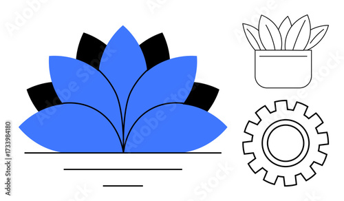 Lotus flower with petals in blue and black, a minimalistic gear, and a pot outline. Ideal for growth, innovation, sustainability, mindfulness, creativity strategy equilibrium themes. Simple flat