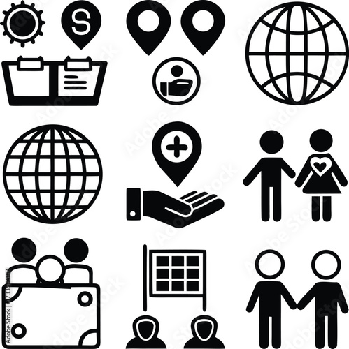 Diverse icon set featuring people places and global concepts representing community collaboration and connection for digital use