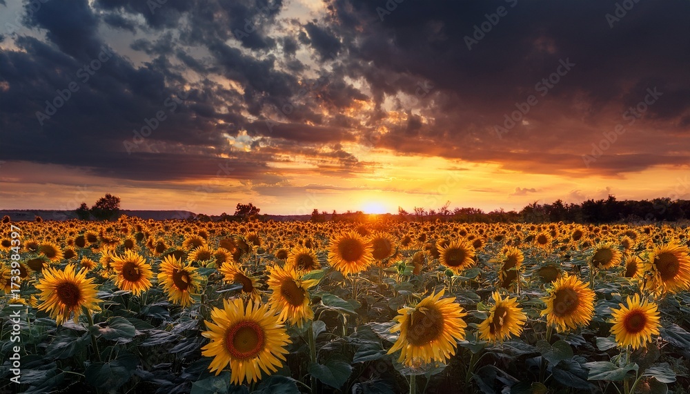 Obraz premium Sunflowers At Sunset With A Dramatic Sky