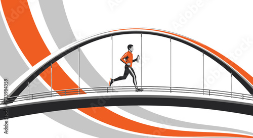 Athletic man jogging on a bridge in a stylized vector illustration with vibrant colors