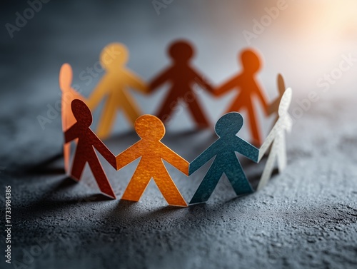 diverse chain of colorful paper figures holding hands in a circle on a dark textured surface, symbolizing unity, teamwork, community, and support.