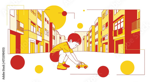 Boy plays with toy car on street illustration, Childhood memories evoked in vibrant red and yellow