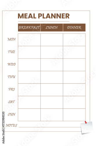 Weekly Meal Planner Printable Food Planning Template Breakfast Lunch Dinner Organizer Diet Nutrition Simple Meal Plan