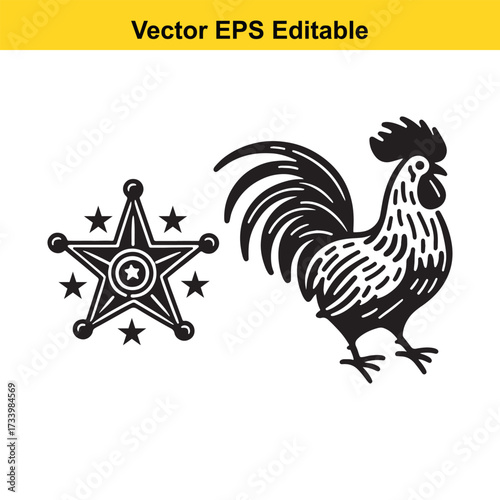 Rooster and sheriff star icon isolated on white background