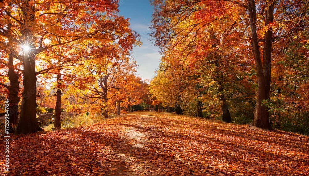 Fototapeta premium Autumn Landscape With Path Covered In Colorful Leaves